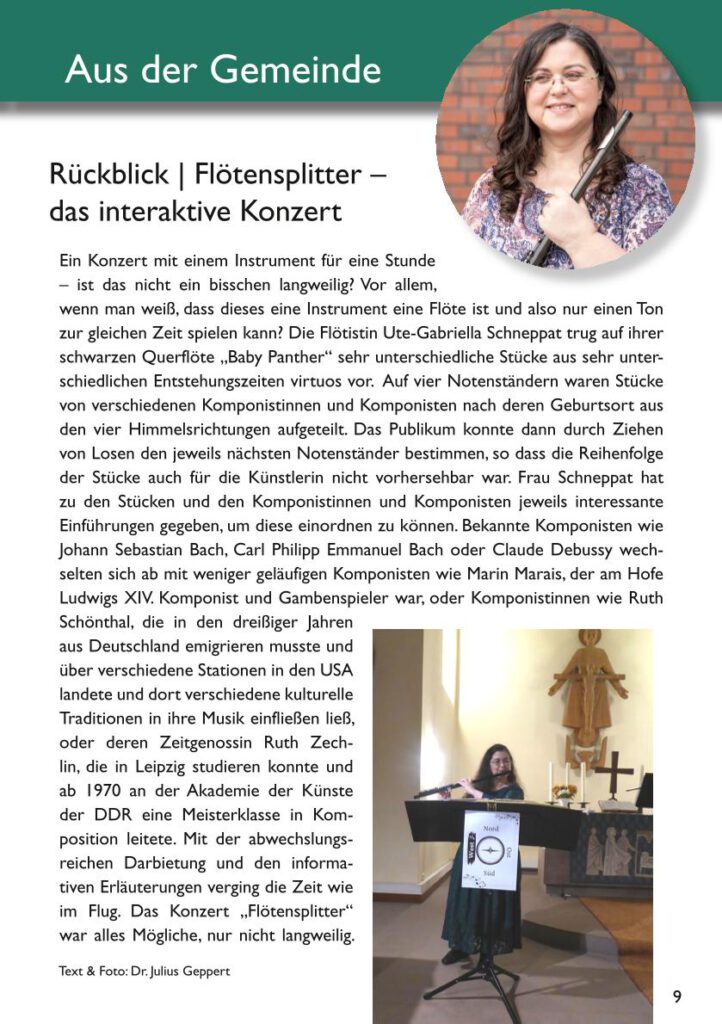 Bericht aus dem Gemeindebrief der Dreifaltigkeitskirche DA-Eberstadt über das interaktive Flötensplitter-Konzert am 23.10.2022 Abbildung: Ute-Gabriela Schneppat mit Flöte am Notenständer für die Himmelsrichtung West. Im Hintergrund der Altar.