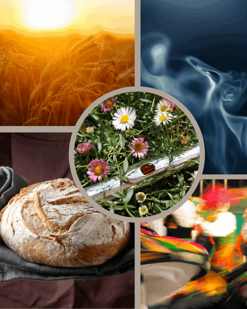 Collage zum keltischen Fest Lughnasadh: goldene Ähren im Sonnenuntergang, aufsteigender Räucherrauch, ein rundes, frisch gebackenes Brot, tanzende Menschen in bunten Trachten und in der Mitte eine Querflöte auf einer Wiese mit Margeriten – Symbole für Ernte, Dankbarkeit, Musik und lebendige Bräuche.