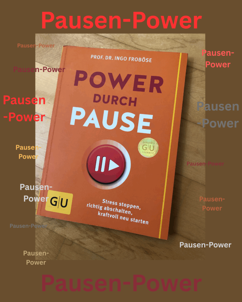 Buch „Power durch Pause“ von Prof. Dr. Ingo Froböse mit orangefarbenem Cover und großem roten Pausen-Button in der Mitte. Darauf der Untertitel „Stress stoppen, richtig abschalten, kraftvoll neu starten“. Um das Buch herum steht mehrfach in verschiedenen Farben und Größen der Schriftzug „Pausen-Power“.