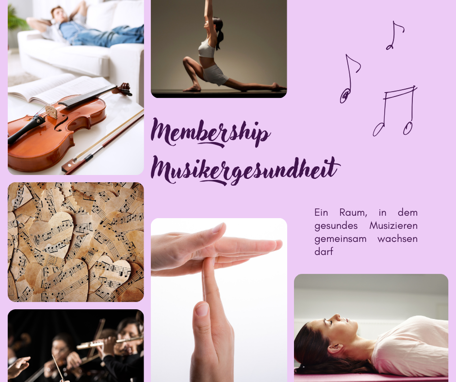 Kollage aus verschiedenen Elementen für Musikergesundheit mit Personen, Händen, Instrumenten, Noten und Beschriftung