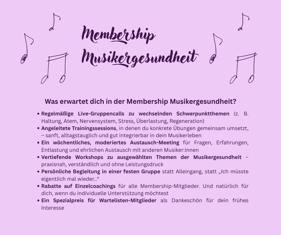 Aufzählung der Vorteile, wenn man sich auf die Warteliste für die Membership Musikergesundheit setzen lässt.